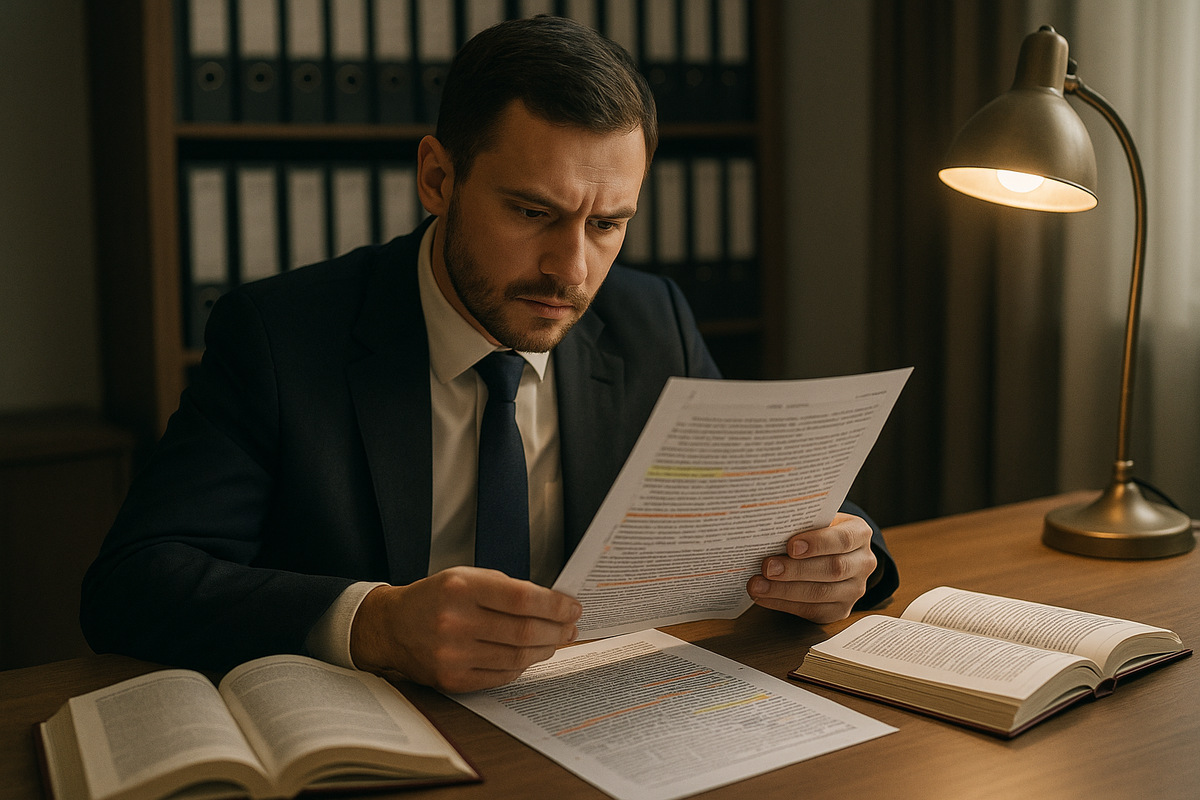 Адвокат построчно проверяет приговор и отмечает в нём возможные нарушения.