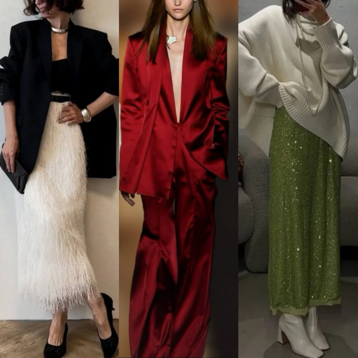 Спокойный верх + акцентный низ (перья или пайетки) и Total Red