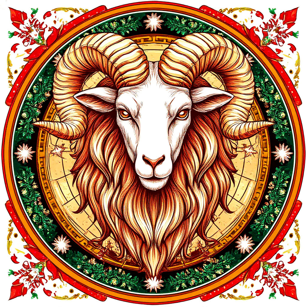 Новогодний знак зодиака Овен. Изображение сгенерировано ИИ Шедеврум. 