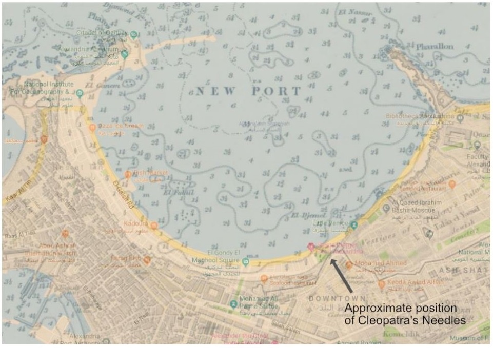 Карта бухты, на которой указано место, где находились Иглы Клеопатры