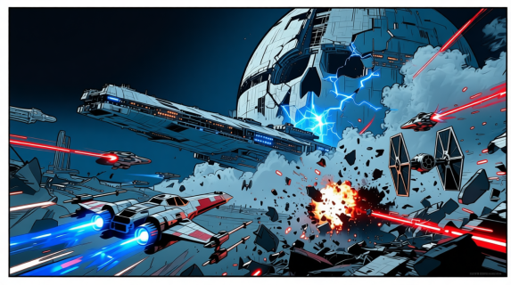 Эпичный, но физически невозможный бой. Чтобы зритель почувствовал накал битвы, корабли маневрируют вплотную к Звезде Смерти, хотя в реальном вакууме тактика боя была бы совершенной иной.