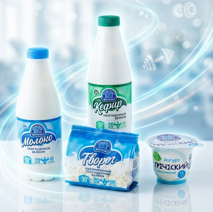 Молоко белковое на 100г (в бутылке 850г): 48 ккал, белок - 4г, жиры - 1,5г, углеводы - 4,7г
Кефир белковый на 100г (в бутылке 850г): 41 ккал, белок - 4г, жиры - 1г, углеводы - 4г
Творог белковый на 100г (в пачке 250г): 109 ккал, белок - 20г, жиры - менее 1,8г, углеводы - 3,3г
