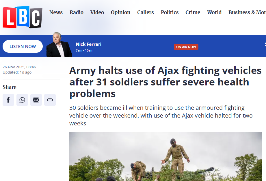Армия приостанавливает использование боевых машин Ajax после того, как у 31 солдата возникли серьёзные проблемы со здоровьем
30 солдат заболели во время тренировок по использованию боевой бронированной машины в минувшие выходные, и использование Ajax было приостановлено на две недели