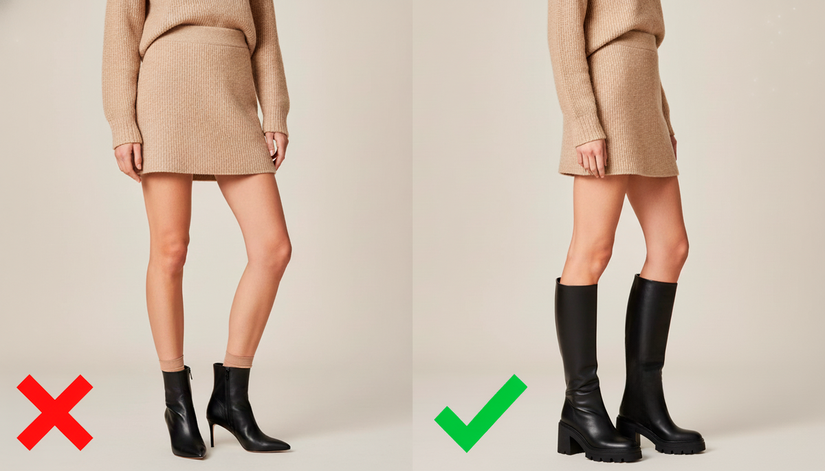 Посмотрите на разницу! Слева полусапожки «съели» 10 см роста и добавили полноты икрам. Справа высокие сапоги вытянули силуэт в струнку. Выбор очевиден!