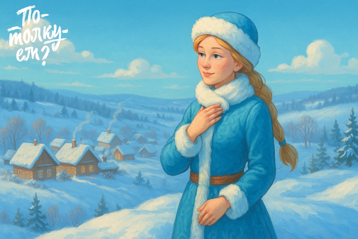Снегурочка стоит на заснеженном холме и думает перед разговором