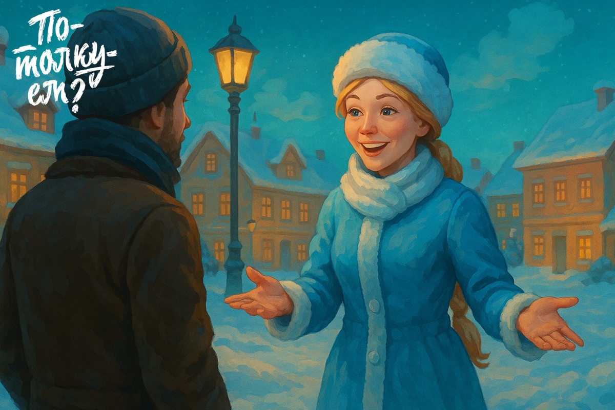 Снегурочка уверенно беседует с человеком на заснеженной городской площади