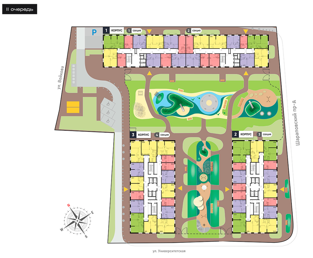 Расположение корпусов второй очереди ЖК “КИТ” относительно сторон света 
