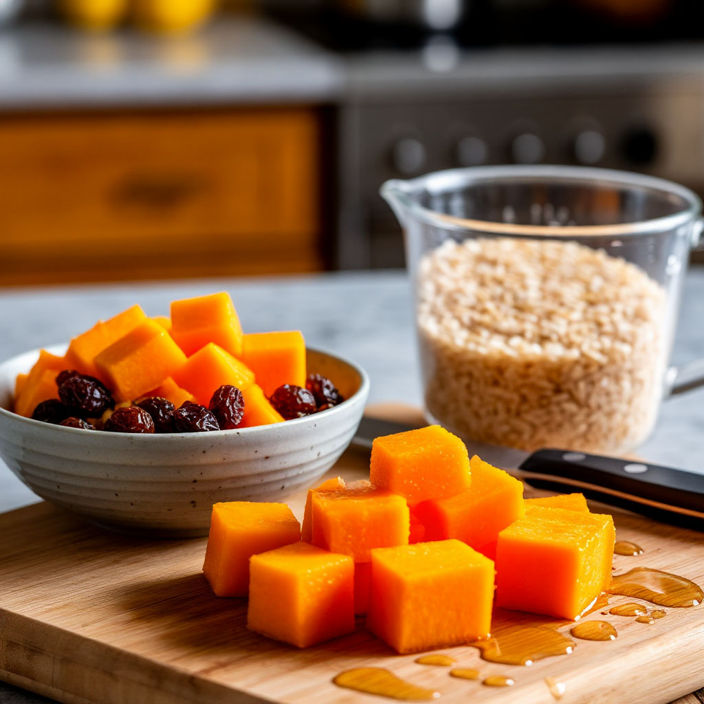 🎃 Нарежьте тыкву кубиками 1 см (не мелко — иначе превратится в пюре).  