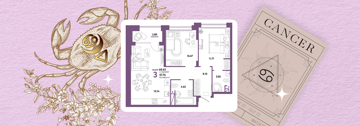 Эргономичная евротрёшка, где будет комфортно каждому члену семьи Рака: свои комнаты для сна и отдыха, две ванные, чтобы не спорить по утрам, гардеробная и ниши под хранение, чтобы грамотно организовать пространство, просторная кухня-гостиная для дружных семейных посиделок и лоджия, где можно обустроить дополнительное место для досуга. Приятный бонус — паркинг в подарок