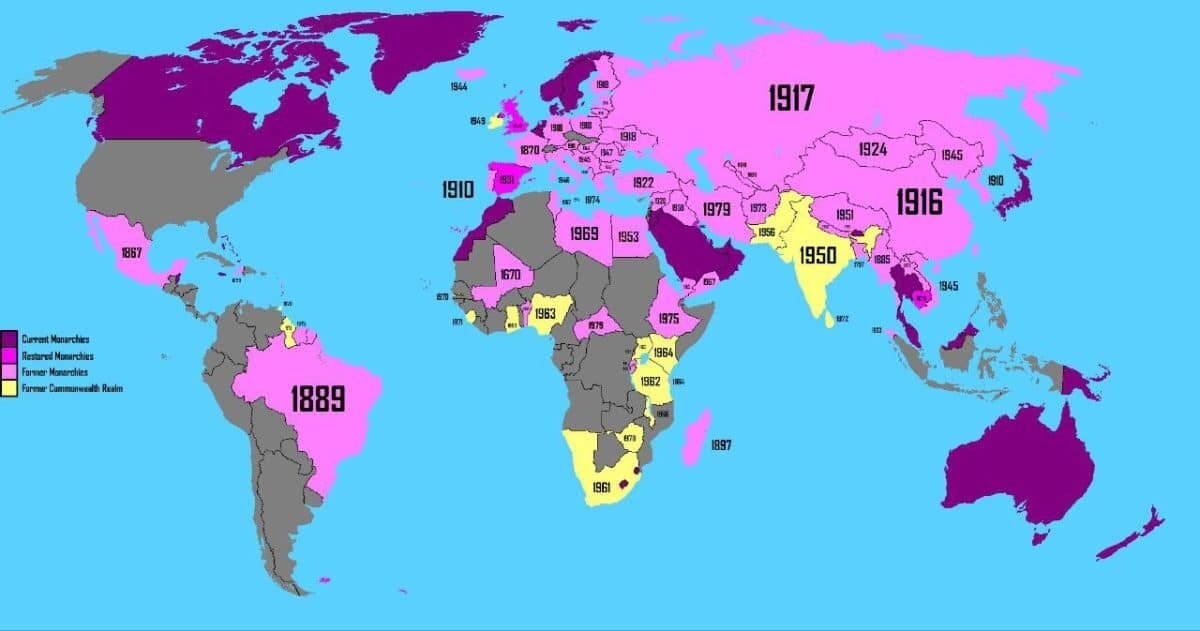    Карта: когда страны упразднили монархии / © Reddit