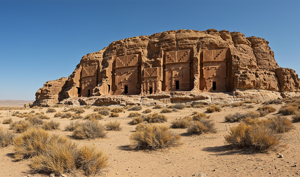 Древний город Хегра, вырубленный в скалах.Фото: Omar Khalaf Designs / Shutterstock.com