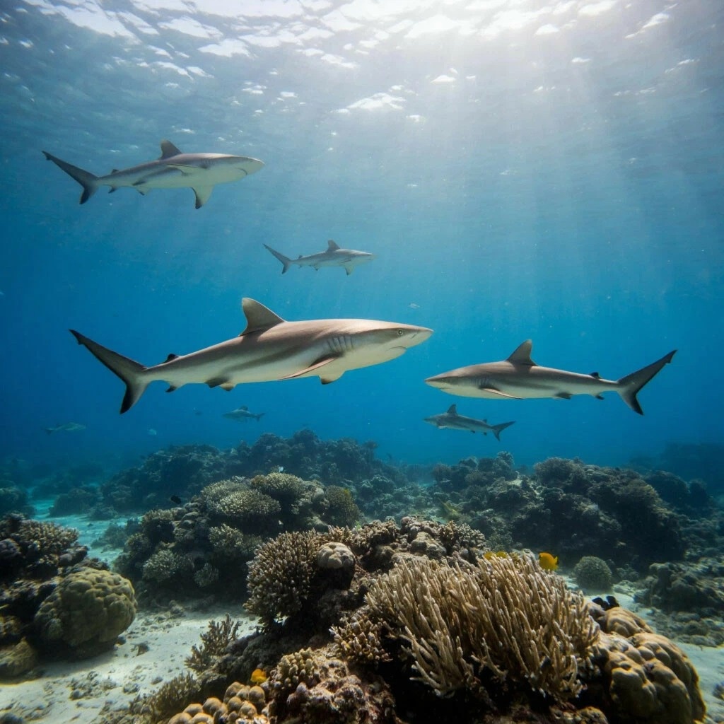 Рифовые акулы в утреннем свете