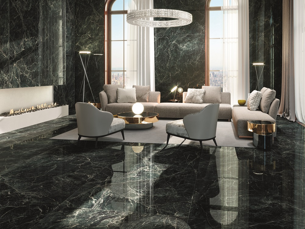 Интерьер создан с использованием керамогранита бренда APE Ceramica, коллекция Alpi Green. В GLOBUS CERAMICA можно купить отделочные материалы из последних коллекций этого производителя