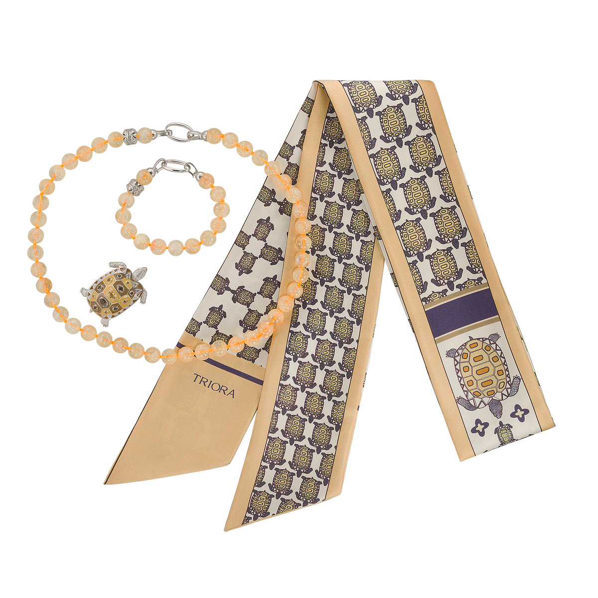 Бренд TRIORA, коллекция Африка: колье из натурального цитрина, дизайнерская брошь и шарфик Твилли