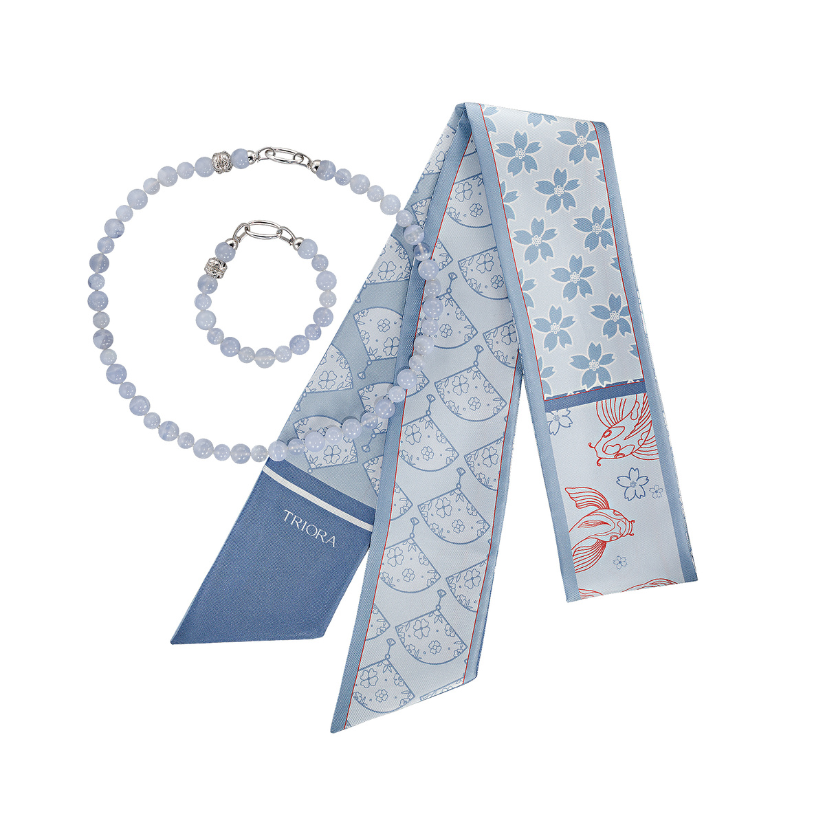 Бренд TRIORA, коллекция Япония: колье из натурального голубого агата, дизайнерская брошь и шарфик Твилли