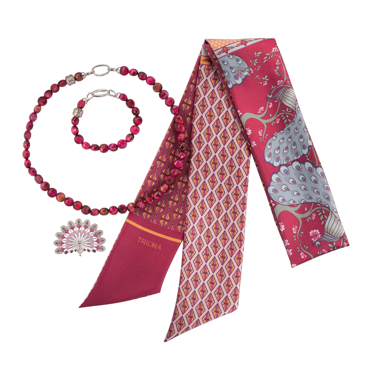 Бренд TRIORA, коллекция Индия: колье из натурального кошачьего глаза, дизайнерская брошь и шарфик Твилли