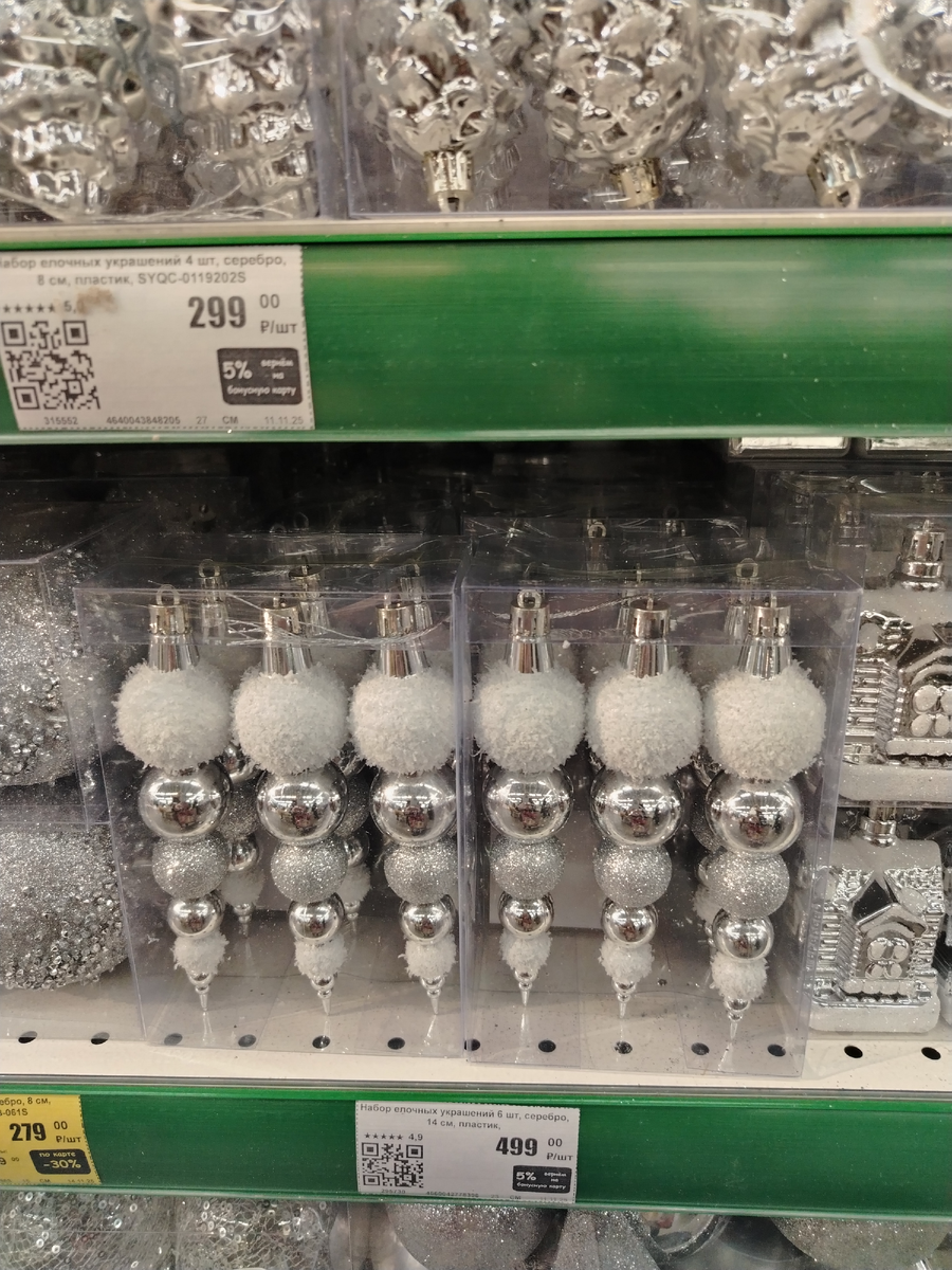 Игрушки пластиковые, сосульки, балерины, олени. Даже Эйфелевая башня. 