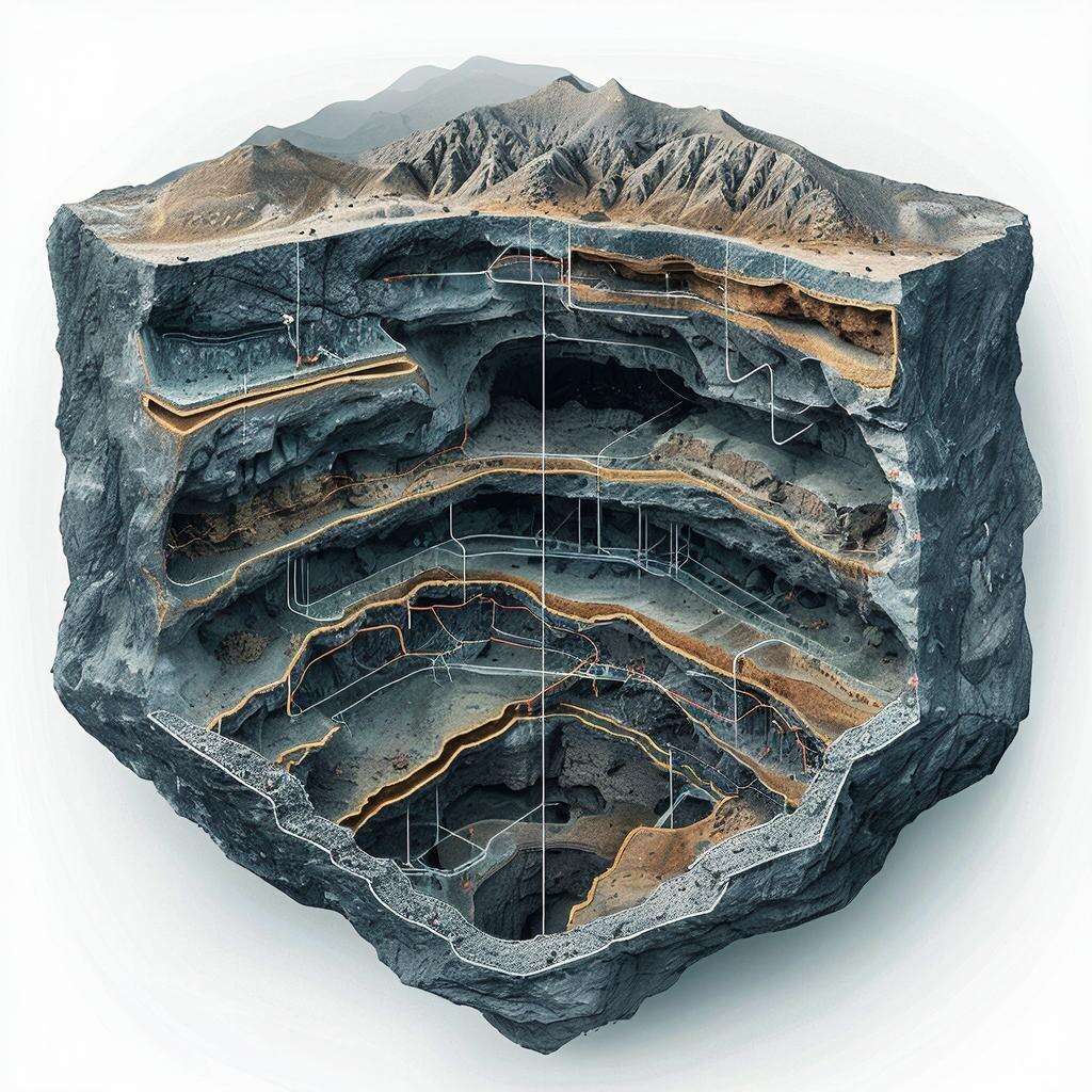 Схематичный разрез горы Янгантау. Фото сгенерировано нейросетью.