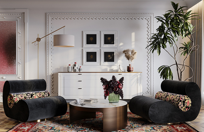    Интерьерные акценты в традиционном русском стиле гармонично вписаны в минималистичный интерьер.Mr. Doors