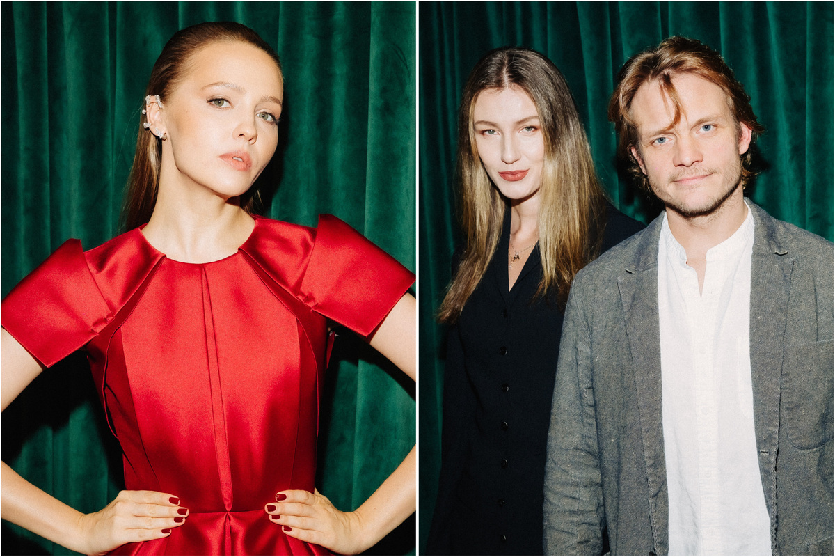     Юлия Хлынина в элегантном образе и Евгений Ткачук с женой представили фильм «Волчок»