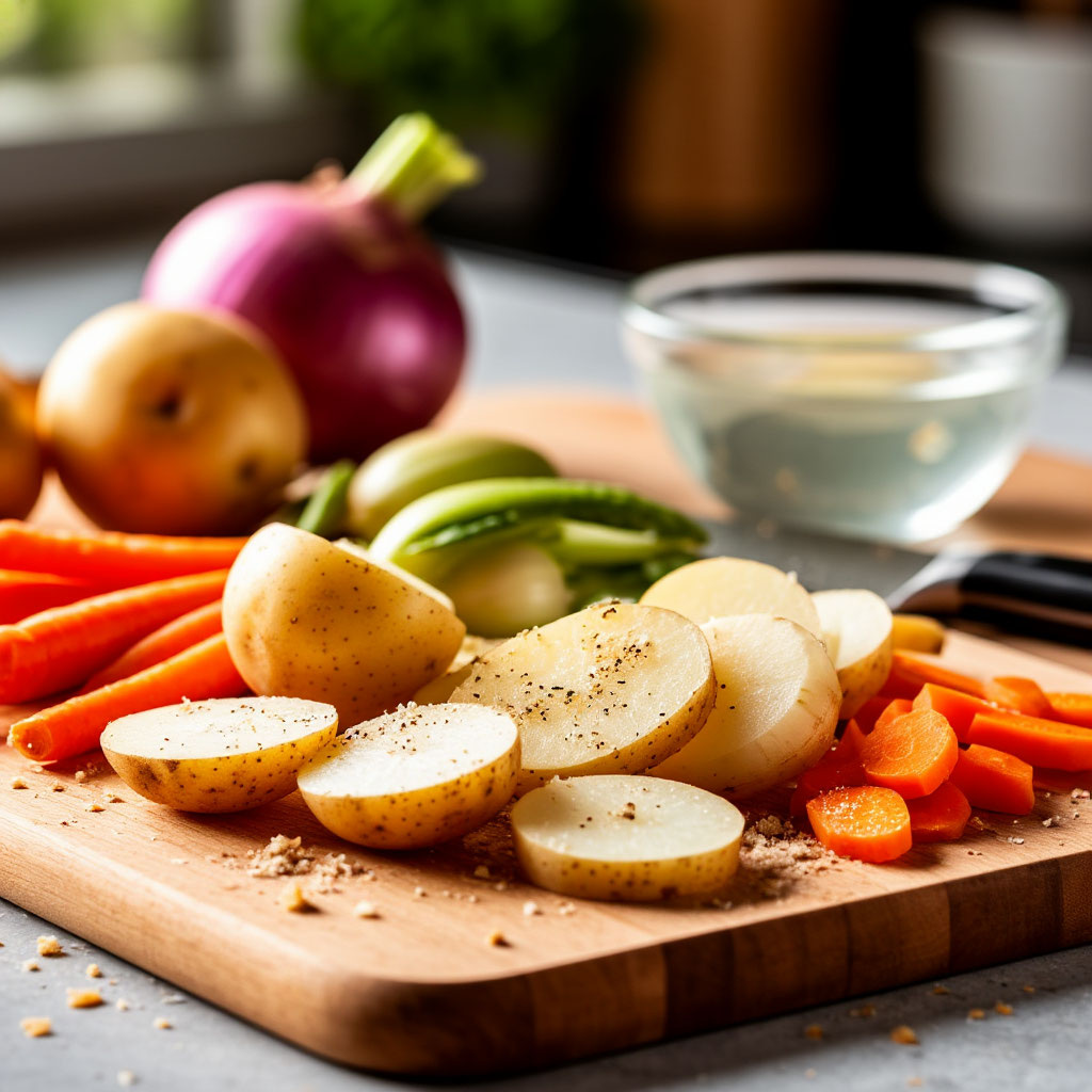  🥬 Очистите репу, нарежьте кубиками 1 см (не мелко — иначе превратится в пюре).