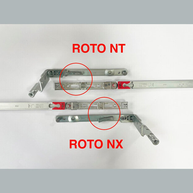 Сверху ножницы на раме+ножницы на створке NT, узел стыковки отличается от NX