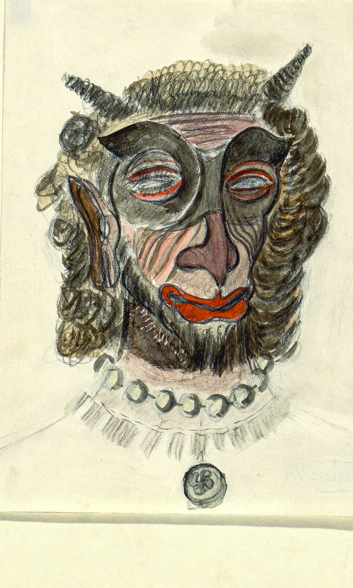    А. Санчес. Эскиз грима (женщина-овца) к спектаклю «Чертов мост» Государственного камерного театра. 1930-е. Бумага, графитный карандаш, акварель, гуашь, белила, тушь, перо. Театральный музей им. А. А. Бахрушина Фото: Изображение предоставлено Собака.ru издательством Garage