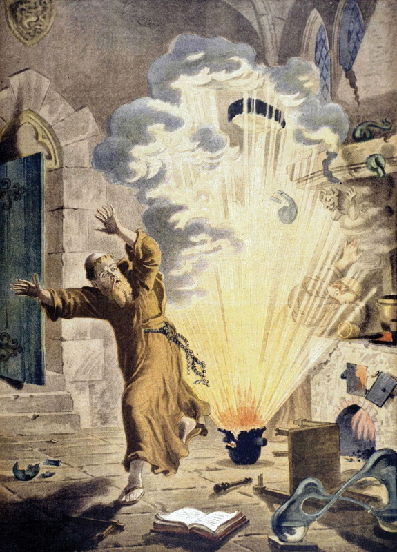 Вымышленный немецкий монах Бертольд Шварц «изобретает» порох на этой иллюстрации из Le Petit Journal , 1901. Источник: Britannica