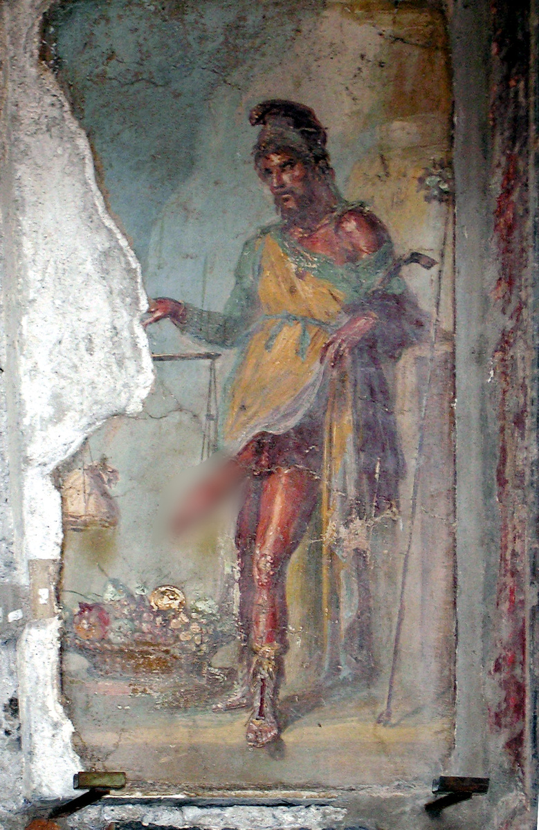 Фреска с изображением бога Приапа из дома Ветиев. Пампеи.