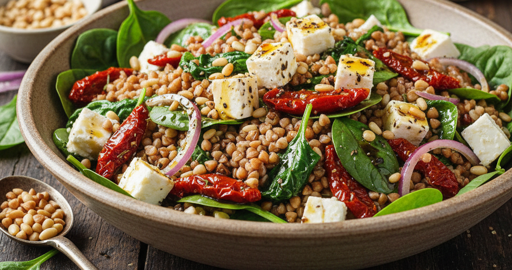 Теплый салат с гречкой, фетой и вялеными томатами