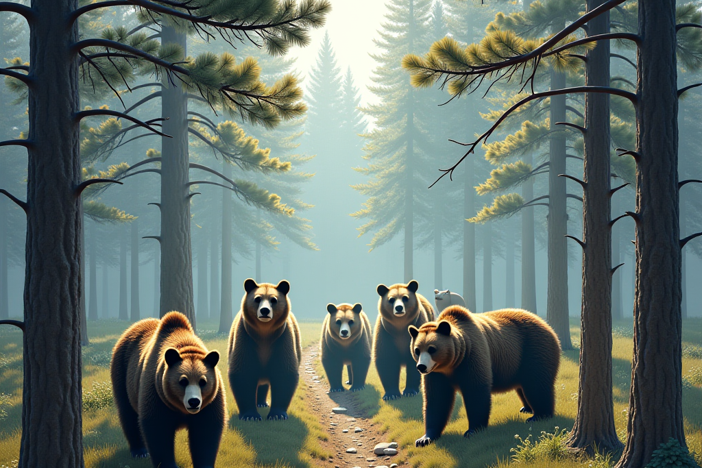 Медведи в лесу. Картинка создана нейросетью. 
