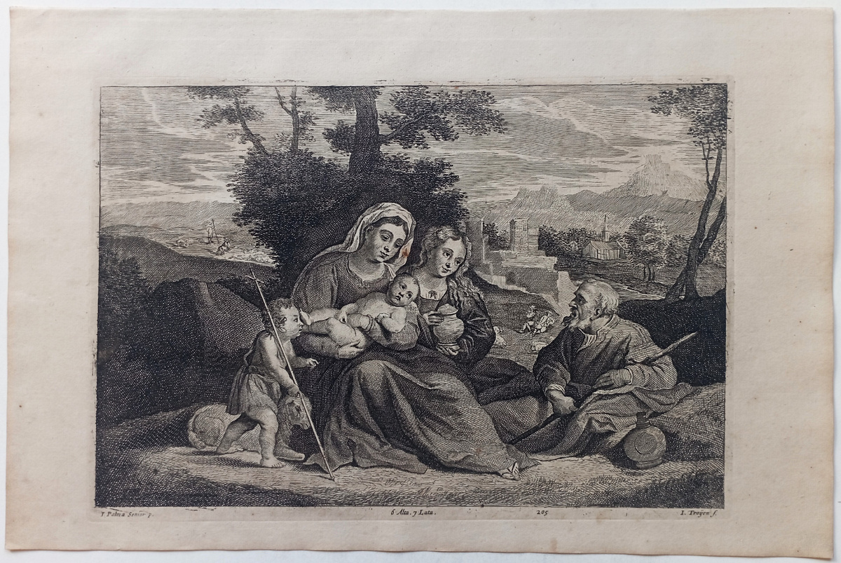 Святое семейство, Иоанн Креститель и Мария Магдалина. Художник: Якопо Пальма Старший. Гравюра из сборника Theatrum Pictorium. Брюссель, 1660-1673 годы. https://meshok.net/item/330687258