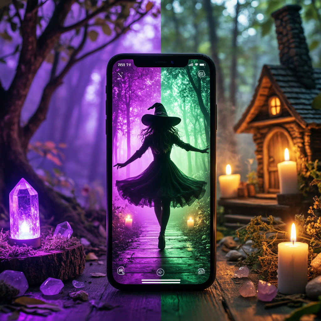 Смартфон с экраном TikTok, на котором танцует молодая ведьма в современной одежде.