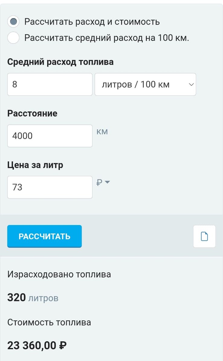 Примерный расчет поездки на своем автомобиле