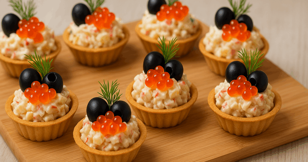 Тарталетки с крабовыми палочками и ананасами - яркая закуска с нежным вкусом. Подходят для фуршета и праздничного стола