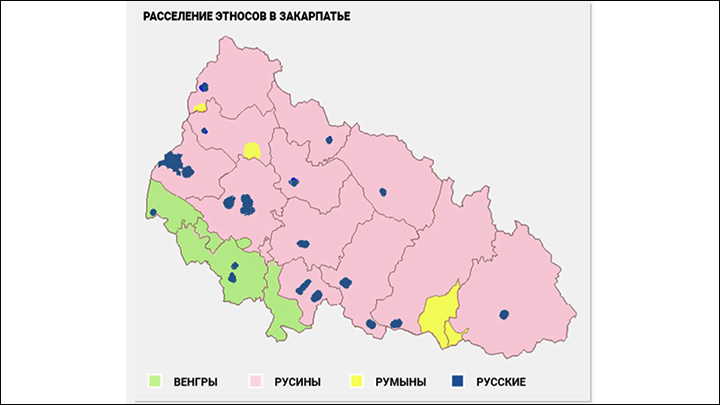    Языковая карта Закарпатья. Зелёным обозначены районы компактного проживания венгров, которые Венгрия хочет сделать территориальной автономией. Скриншот страницы сайта katehon.com