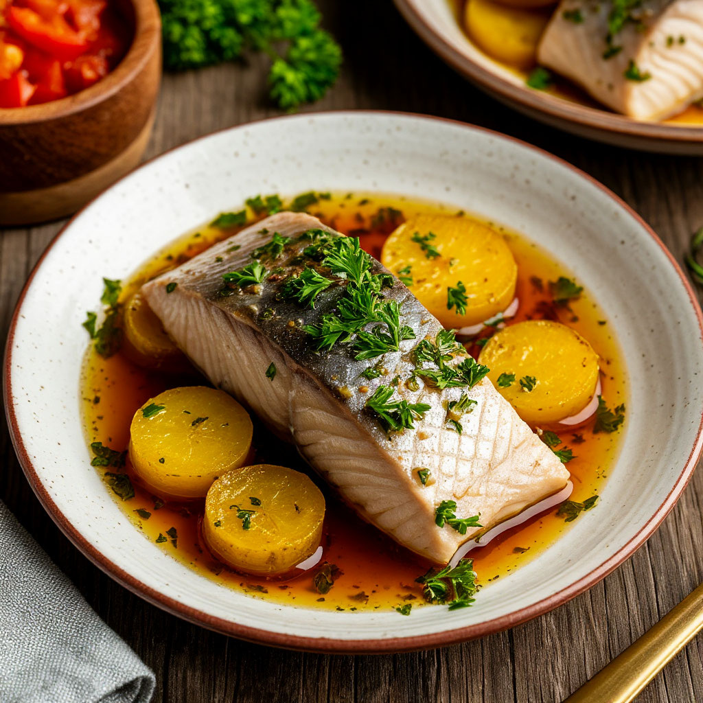 Кусочек селёдки маринованной, на тарелке.