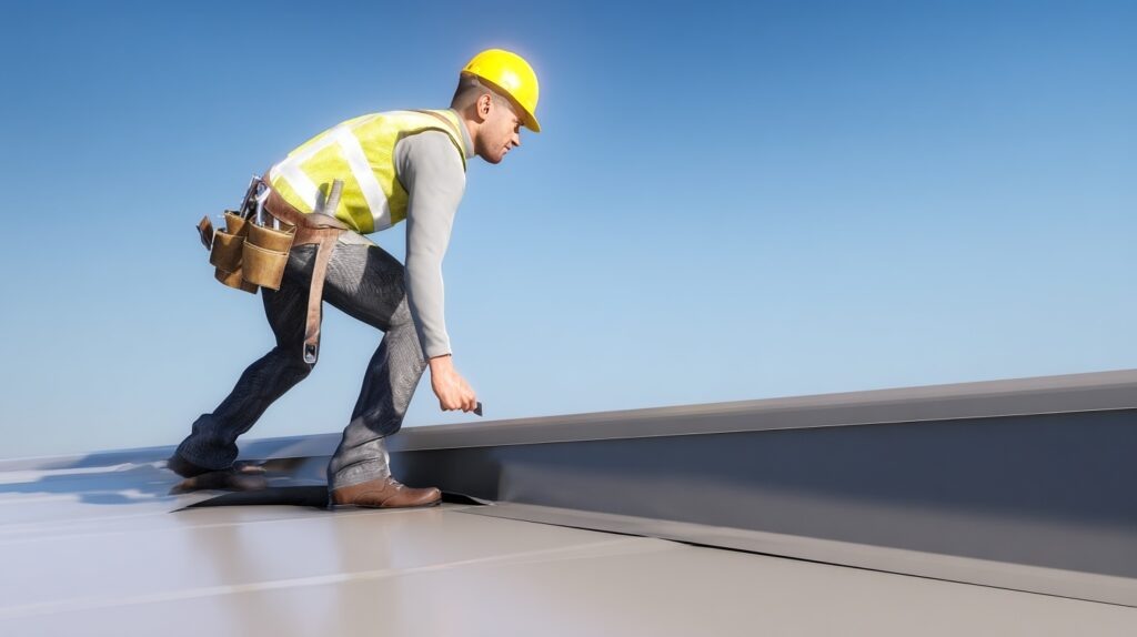    Кровельщик на крыше проверяет качество выполненных работ Rafael