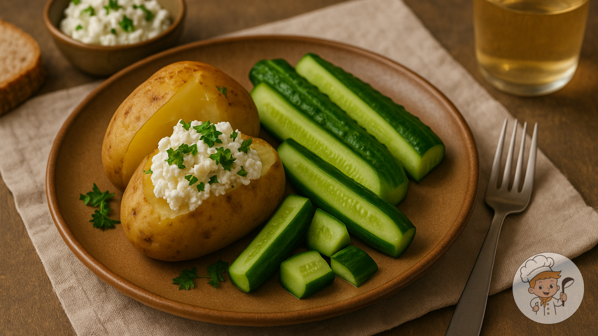 Картофель в мундире + творог с зеленью + огурцы