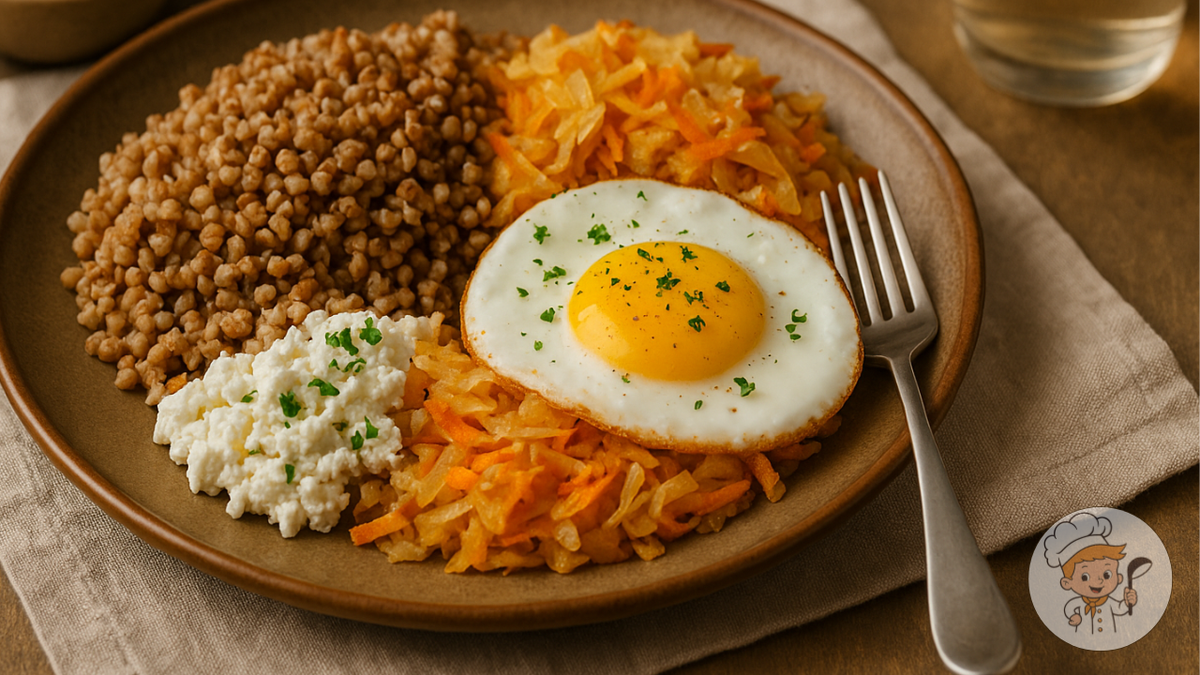 Гречка + яйцо + тушёная капуста