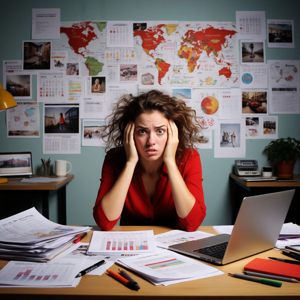 Женщина сидит за столом, окружённая списками, заметками, планами