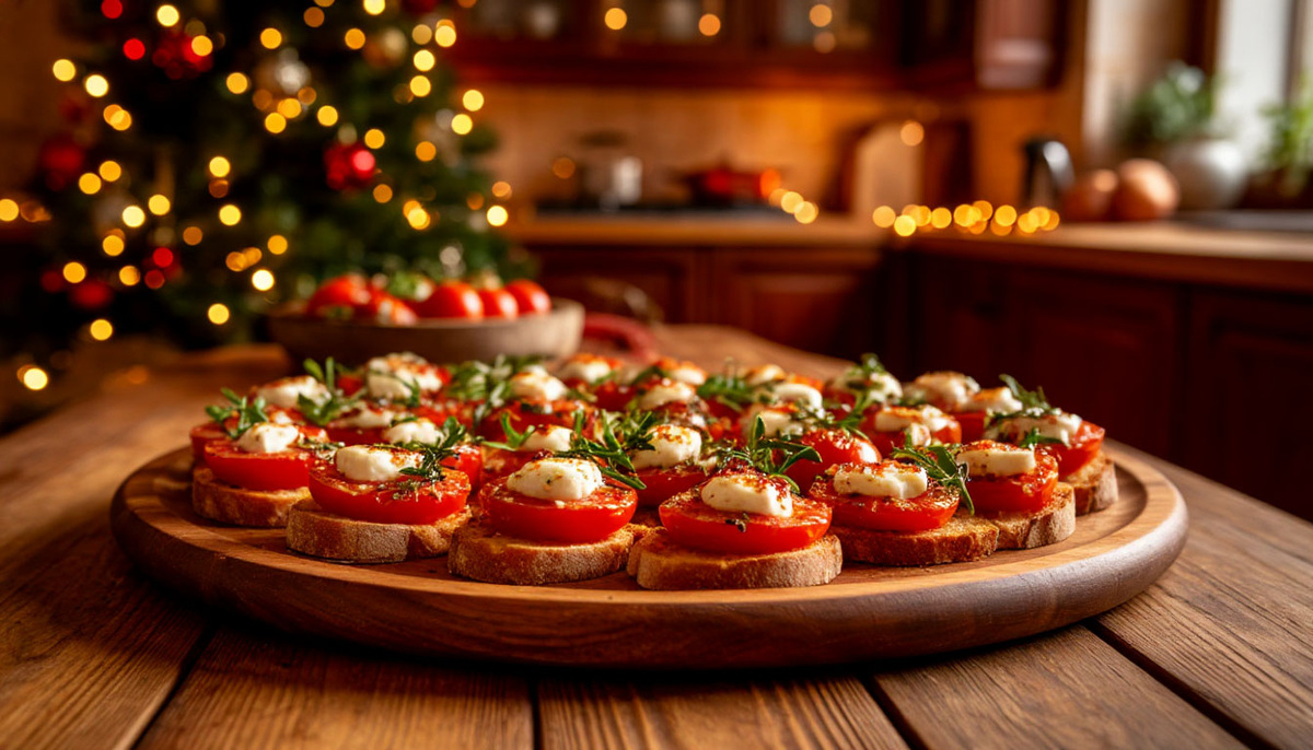 Брускеты с запеченными томатами и моцареллой