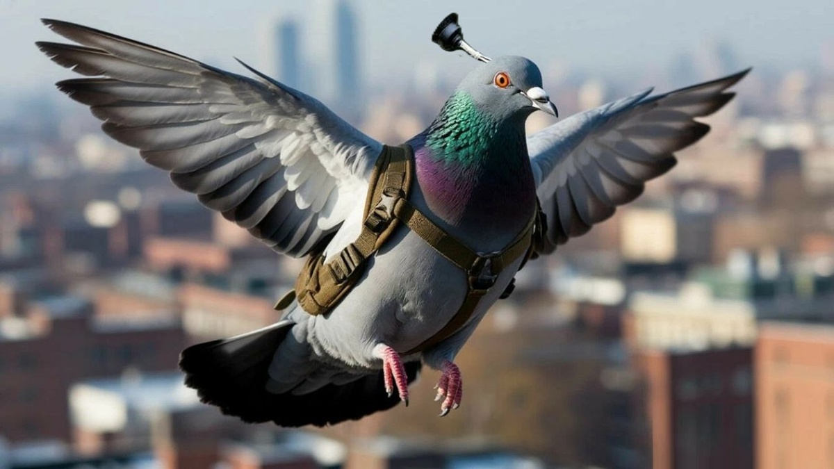 Биодрон-голубь летит на задание по версии нейросети "Шедеврум".