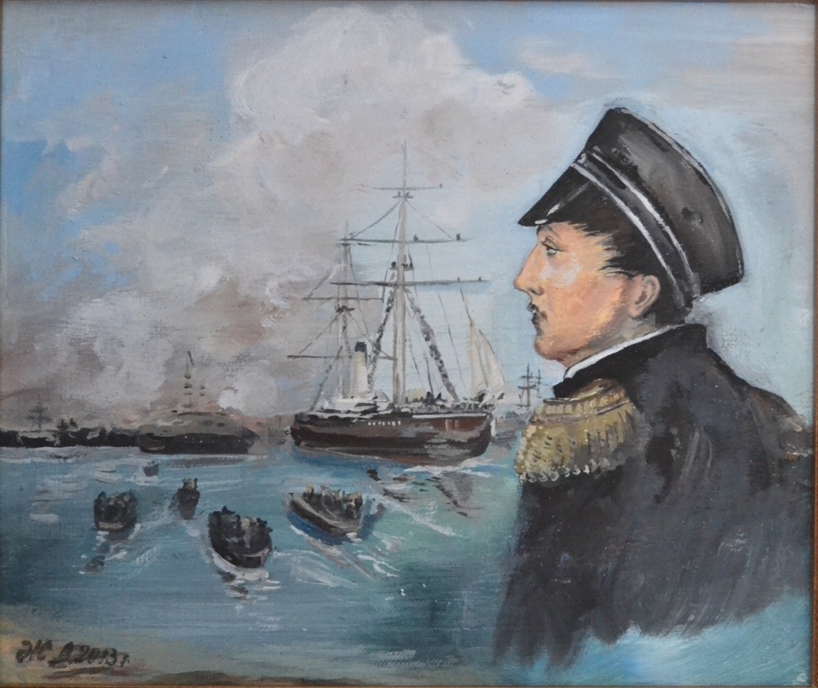 Л.Э. Жеглова. Погрудный портрет П.С. Нахимова на фоне военных кораблей. Вязьма, 2013