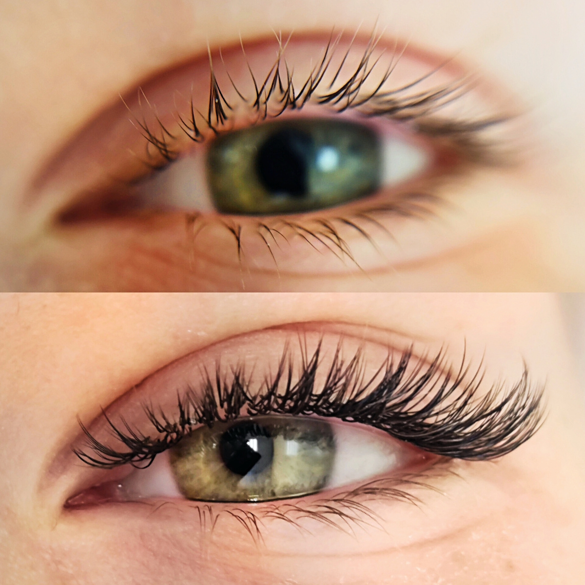  На фото наращивание ресниц до/после, параметры: объем 2д, толщина 0.07, мокрый эффект с удлинением к внешнемц углу глаза