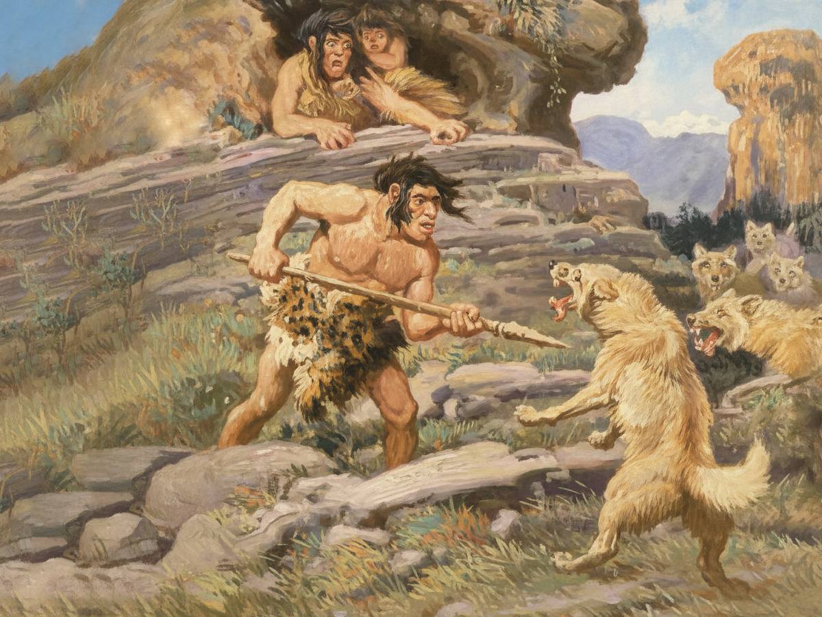 Археологические находки подтверждают: на стоянках неандертальцев то и дело находят останки волков, но нет никаких следов их приручения. Иллюстрация на основе работы «Неандерталец защищает семью от волков», Чарльз Роберт Найт, начало XX века.