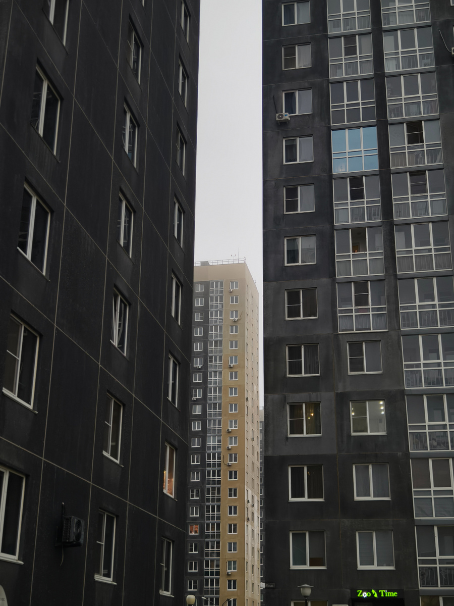 Серый фасад растворяется в белой дымке, только яркий акцент на окне пробивается сквозь. Момент, когда улица затихает, а тишина становится осязаемой.