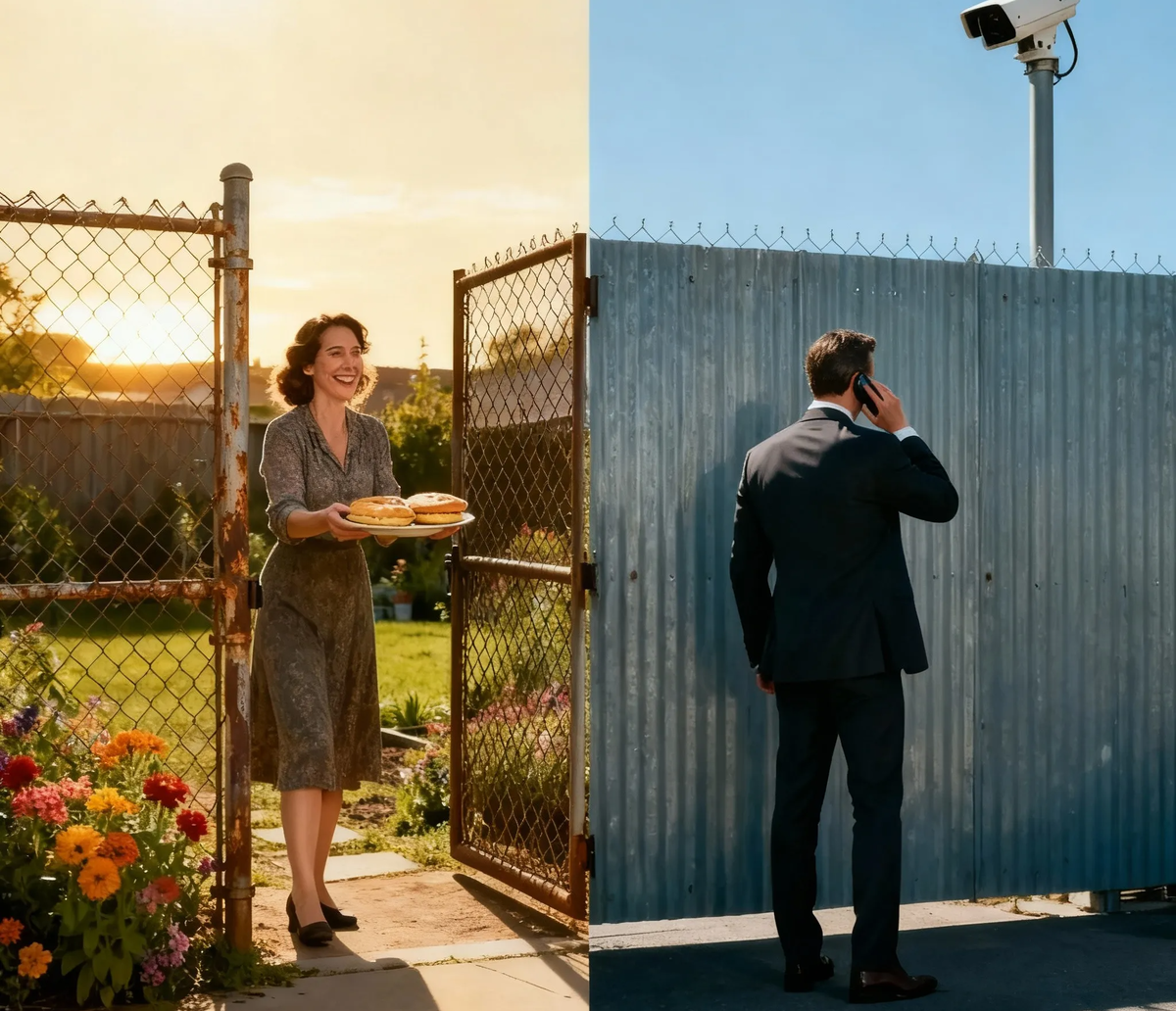 Два забора — две философии жизни. Слева — "заходи на пироги", справа — "не нарушай мой покой". А где находитесь вы?