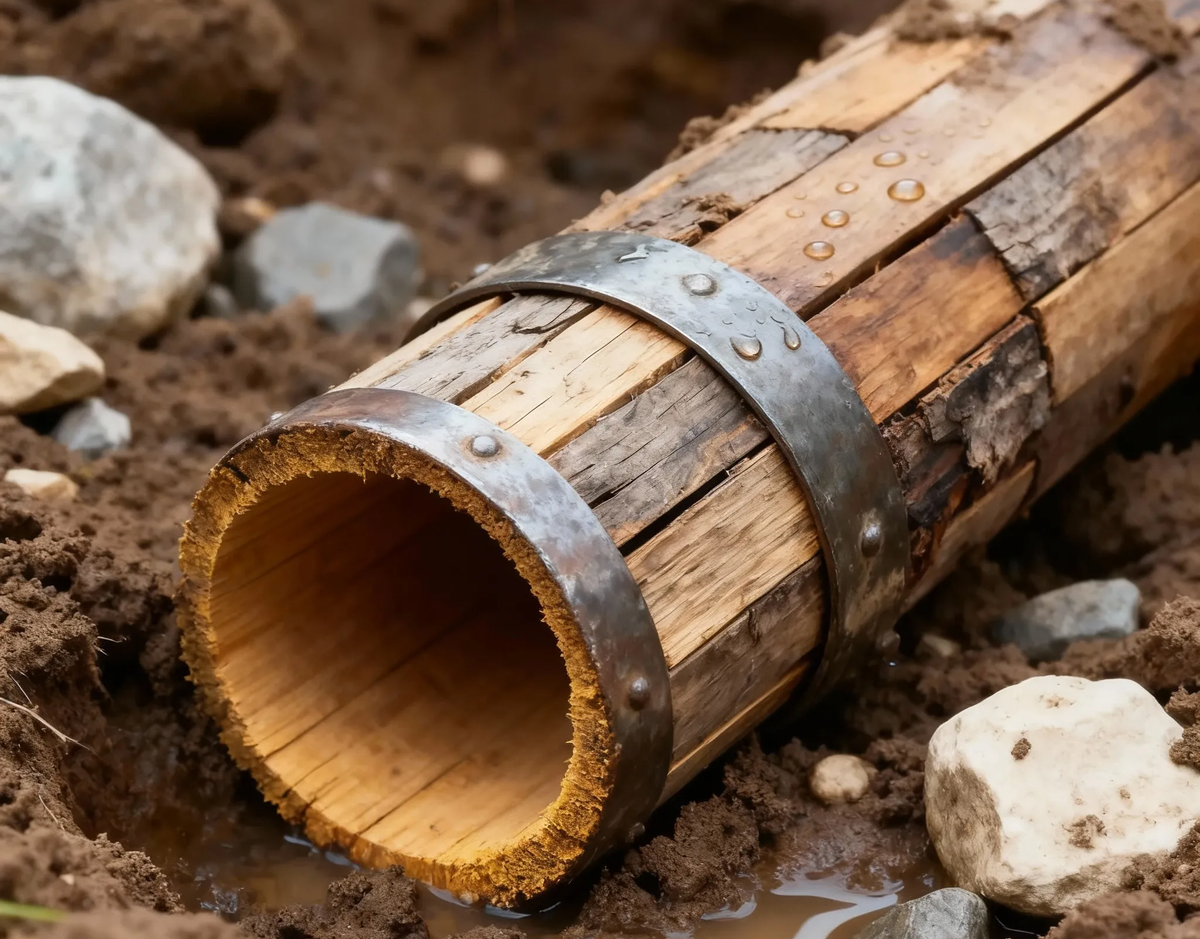 Это не просто труба, а инженерный артефакт. Деревянный водопровод, который служил веками, пока мы не научились менять пластик каждые 25 лет.