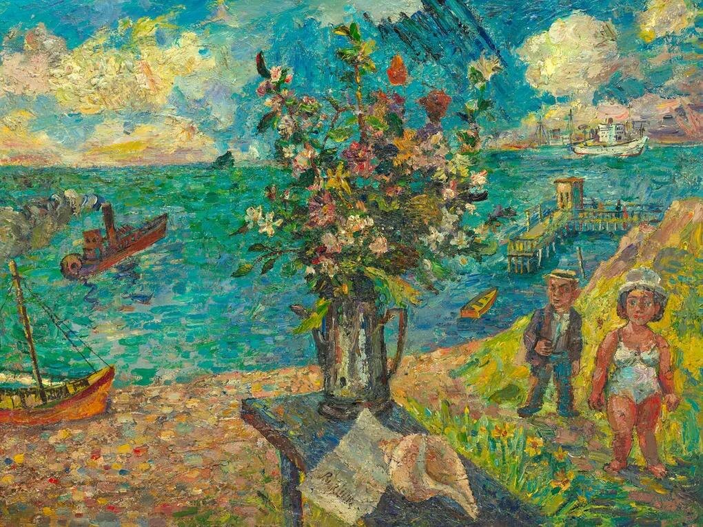 Harbour Scene with Still Life and the Burliuk Family. Холст, масло. 69,5 х 101,5 см